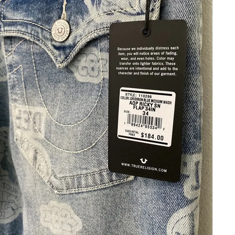 NWT True Religion AOP Ricky Flap Straight Jeans Men’s 34x34